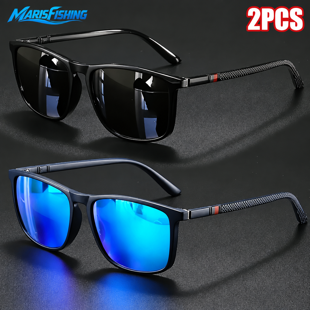 Two pairs of square sunglasses with MarisFishing logo in upper left corner