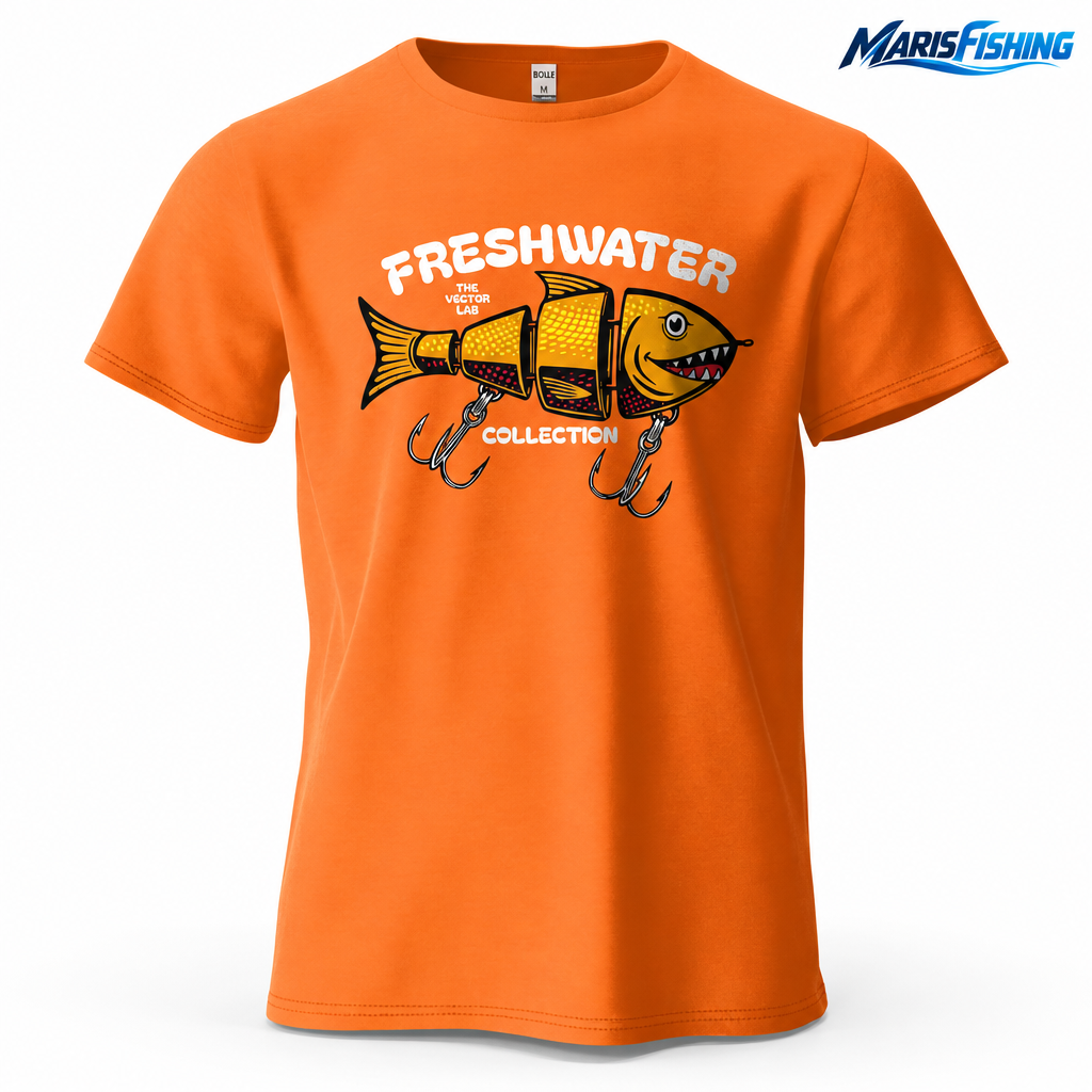 Orange fishing lure graphic T-shirt with MarisFishing logo in upper right corner