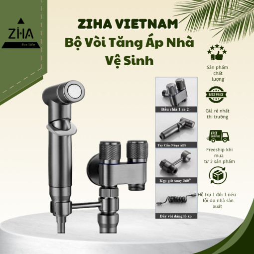 Bộ Vòi Xịt Nhà Vệ Sinh Tăng Áp ZIHA Chia 2 Đường Nước Chất Liệu INOX và Đồng