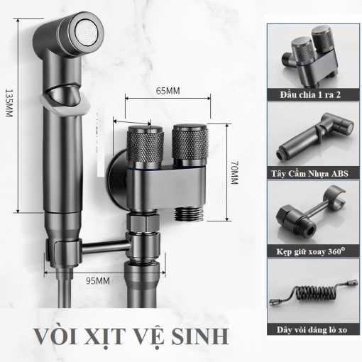 Bộ Vòi Xịt Nhà Vệ Sinh Tăng Áp ZIHA Chia 2 Đường Nước Chất Liệu INOX và Đồng - Hình ảnh 6