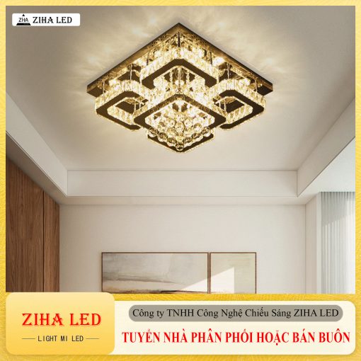 Đèn Ốp Trần, Đèn Mâm Vuông Pha Lê Cao Cấp - Thiết Kế 3 Chế Độ Ánh Sáng, Kích Thước 60x60CM