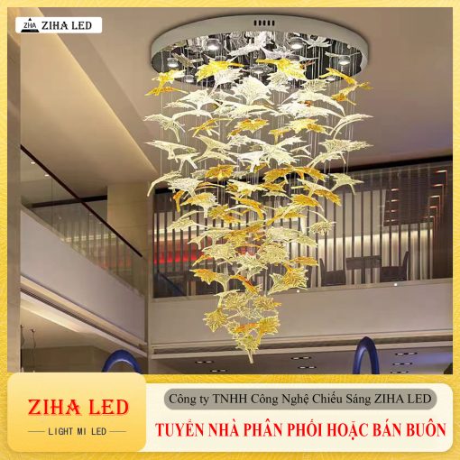 Đèn Thông Tầng ZIHA, Đèn Thả Thông Tầng Lá Thủy Tinh Pha Lê Dài 2,5m