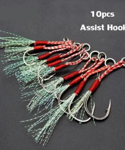 10pcs/Lot Slow Jigging Fishing Cast Jigs Assist Hook Barbed Single Jig Hooks Thread Feather Pesca High Carbon Steel Fishing Lure