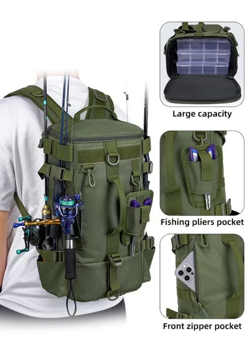 Tactical Fishing Backpack Tackle Bag with Rod Holders Fish Equipment Storage Molle Camping Hiking Outdoor Multifunctional Bag - Image 14